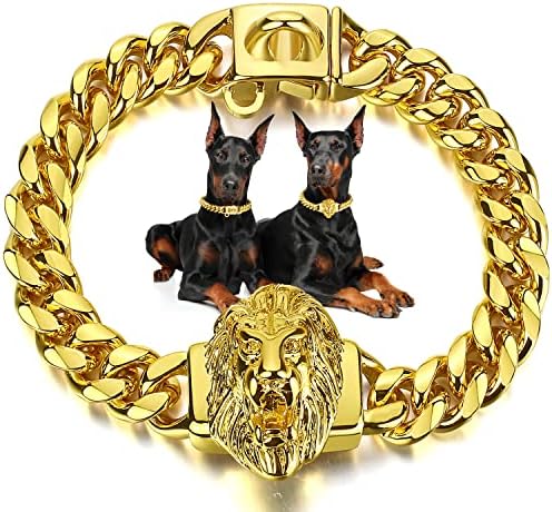 Sinbada ovratnik za pse sa dizajnom Lav Privjesak i brzo otpuštanje Sigurna kopča 18K zlato od nehrđajućeg čelika 12 mm lančani ovratnik od 12 mm za pamćenje za pse za pse