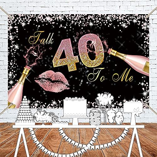 Bellimas Black And Pink Talk 40 to me Backdrop Lip Champagne Cheers 40th Birthday Party Decoration Women Forty Banner with Copper Grommets