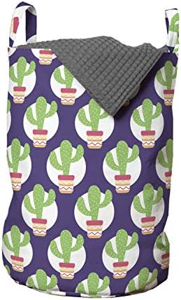 Ambesonne Cactus Print veš torba, raspored okruglog Blots sa šiljcima elementima ukrasnog lonci dizajn, korpa korpa sa ručkama Drawstring zatvaranje za Laundromats, 13 x 19, kvarc i višebojni