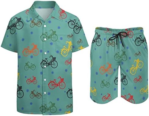 Baikutouan Bicikl uzorak Muška 2 komada Havajska košulja odijela Ležerne prilike labave gumb Donje i plaže Hlače odijelo za odmor