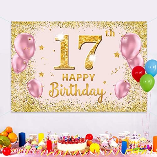 PAKBOOM Happy 17th birthday Backdrop Banner - 17 Birthday Party Dekoracije potrepštine za djevojčice-Gold Pink 3.9 x 5.9 ft