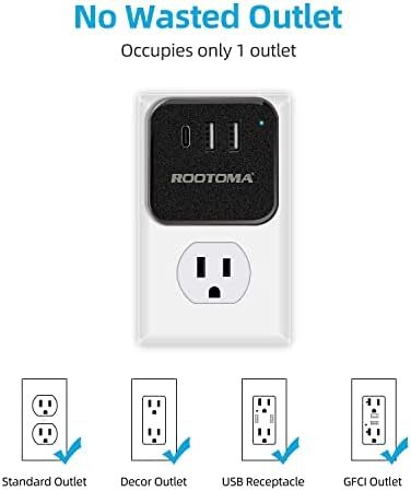 ROOTOMA Bundle, USB C Multi Plug Outlet Extender sa USB-om, 3 USBs & amp; 3 utičnice Crna, USB C produžetak