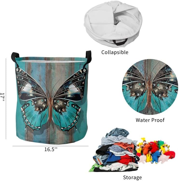 WPYYI drvena tekstura tirkizna leptir korpa za prljav veš sklopiva korpa za kućne organizatore Odjeća odjeća