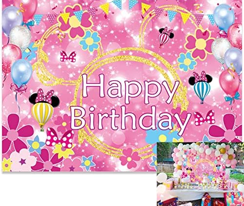 7x5ft Pink Mouse Bow Backdrop Cartoon Mouse Baby Girl Background Flower Glitter Balloon 1st 3rd rođendan