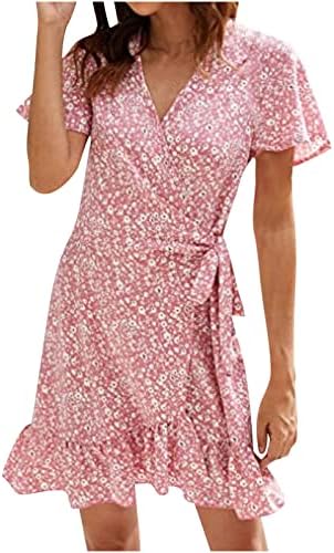 Lmdudanska ljetna šifonska haljina za ženska haljina s kratkim rukavima cvjetna tiskana struka V-izrez Ruffle midi haljine