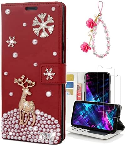Fairy Art Crystal Wallet futrola za telefon kompatibilna sa Samsung Galaxy S22 Plus-Deer Snow-Red - 3D ručno rađena svjetlucava svjetlucava kožna navlaka sa zaštitom ekrana & Perla za telefon