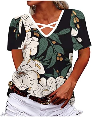 Žene na vrhu Casual Switw V izrez kratki rukav Criss Cross majica 2023 ljetne slatke trendi tiskane majice