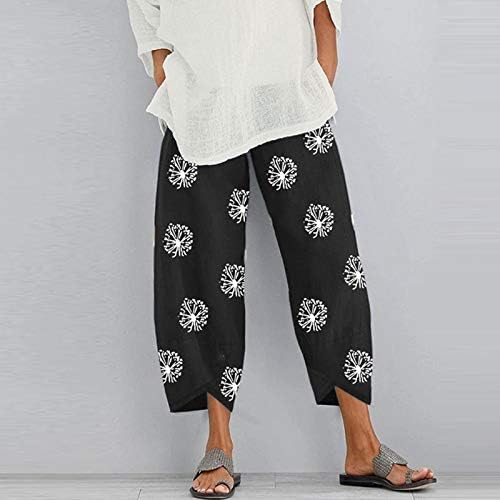 DSODAN Capri pantalone za ženske ležerne pamučne posteljine široke noge obrezane pantalone Ljetni print