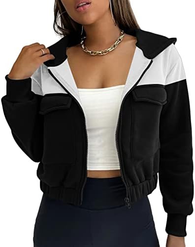 Valpweet Ženski zip usepljeni kapuljač modna dugih rukava Ležerne prilike, obrezana jakna kaput sa džepovima