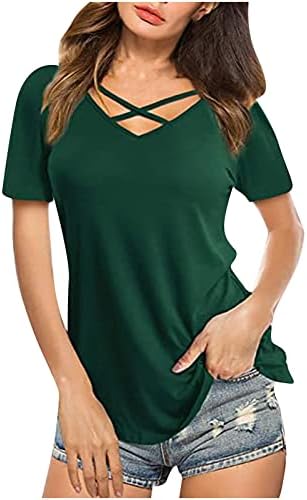 Modna majica za žene V izrez Crisscross bluza Čvrsta boja kratkih rukava Tee The 2023 ljetne trendi majice