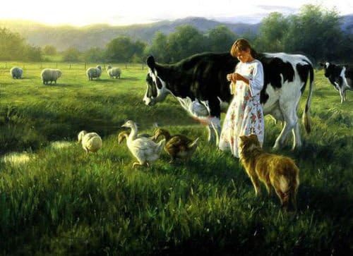 prava prava ručno oslikana mlada pastirka djevojka sa ovčjim patkama, platnena slika kravljeg psa za