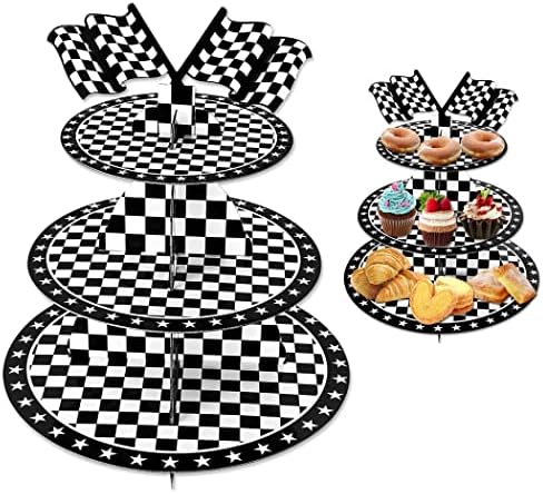 YHoMU Checkered trkački cupcake štand, 3-nivoski trkački kolač za kolač, okrugli kartonski desertni toranj