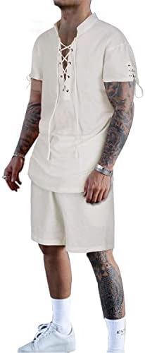 TZIISOA muške posteljine dvodijelni gusarski čipka majica kratkih rukava i ležerne plažne kratke hlače