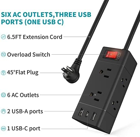 2pack Power Protector Power Strip sa USB C, Fararaka 6.5 FT Produžni kabl ravni utikač sa 6 utičnica i 3