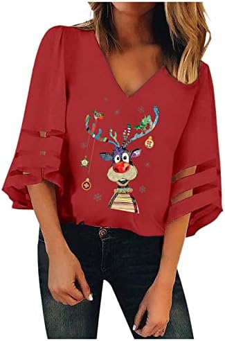 Ženska majica kratkih rukava Seksi V-izrez mrežice Top trubača sa labavim božićnim bagerima Casual Party