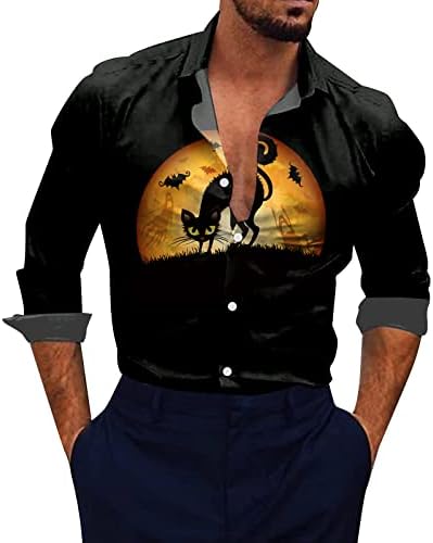 XXBR muški publovski majice, Halloween Graphic CAT Print Okret navratnika Havajska majica Dugih rukava na
