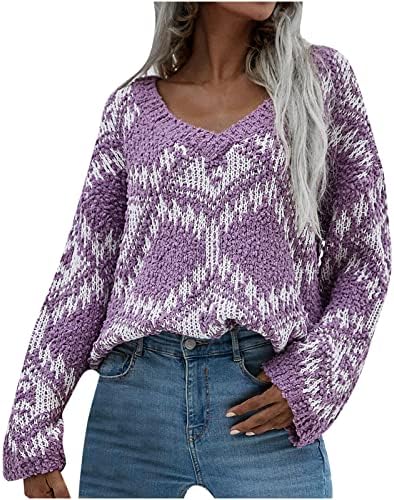 Ženski džemper s pulover nejasnim pletenim kokicom s dugim rukavima V-izrezom Ugodni čvorovi džumni pad