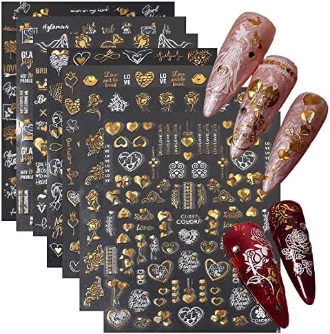 7 listova Zlatnog Valentinova naljepnice za umjetnost noktiju Zlatno srce naljepnice za nokte 3D samoljepljiva