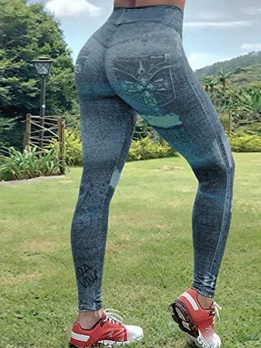 ZJLNA Dame tiskane umjetne traperice joge fitness gamaše na otvorenom sportske hlače trbušni trening visoke