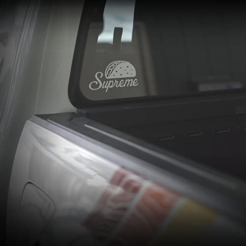 Byzee Taco Supreme Decal | Smiješna naljepnica Tacoma | Bijela 4,5 inčna vinilna grafika za prozor kamiona