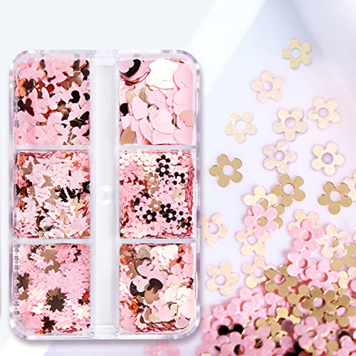 KACHIMOO Nail Glitter Sequins,12 Grids Gold Pink Nail Glitter