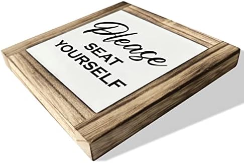 Smiješan znak za drvene ploče za mirište, molimo sjedajte se, kutija za drvo stola Dekor 5,9 × 5,9 × 0,7