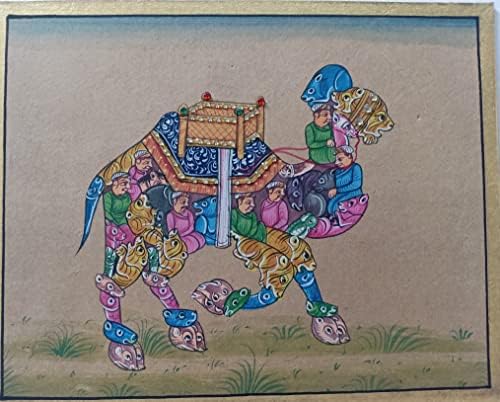 Rajasthani minijaturna slika kamile sa ljudskim i životinjskim figurama na tvrdom papiru