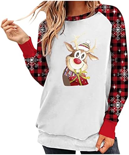 Ružan Božićni džemper za žene smiješna dukserica sa Crewneck pahuljicom karirana bluza dugih rukava slatke