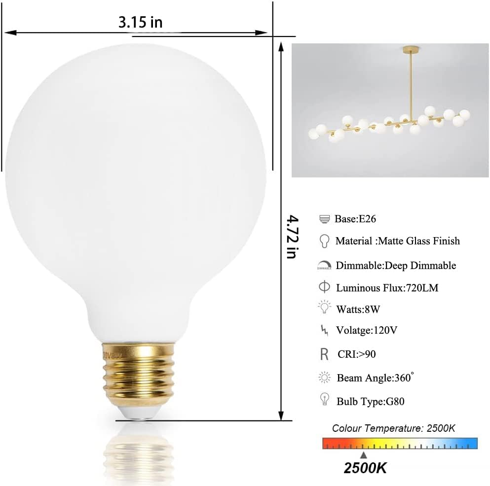 KarlunKoy LED Globusne sijalice,Zatamnjive 8W Edison sijalice,meke bijele 2500K, G80 / G25 mat Opal staklene