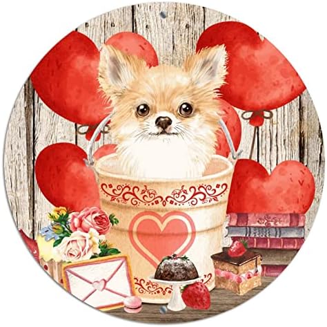 Okrugli metalni valentinovo vijenac potpisuje Chihuahua crveni srčani balon od drveta ljubimca ljubimca