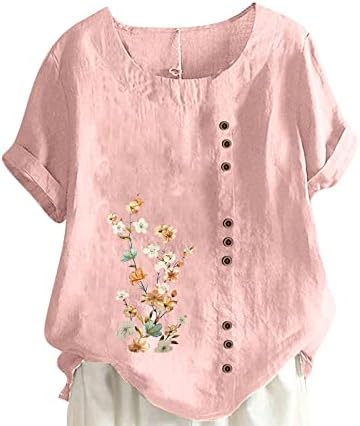 Plus size pamučne majice za pamučne posteljine žene cvjetni print s kratkim rukavima vrhovi modne casual