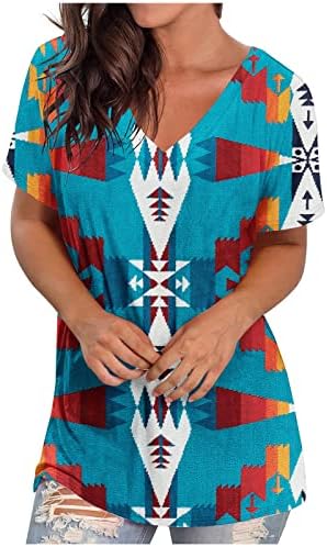 Zapadne Aztečke etničke majice za žene, ljetne kratke rukave s V izrezom Tee Tops Casual labave Vintage
