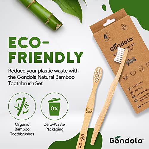 Gondola Kidsobrane četkice za zube meke čekinje - veganski organski ekološki četkica za zube za djecu sa zabavnim životinjama dizajniranje i lagane, glatke bambusove ručke - nula otpadna ambalaža - 4 pakovanje