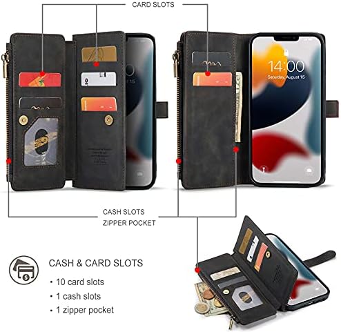 Haii futrola za iPhone 13,Flip kožna torbica za novčanik sa 10 držača za kartice sa zatvaračem džepni nosač